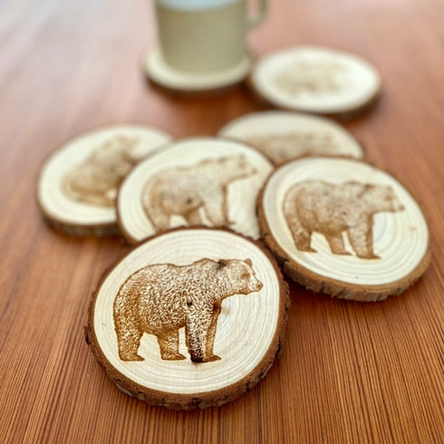 Bear Engraved Wood Coaster Set