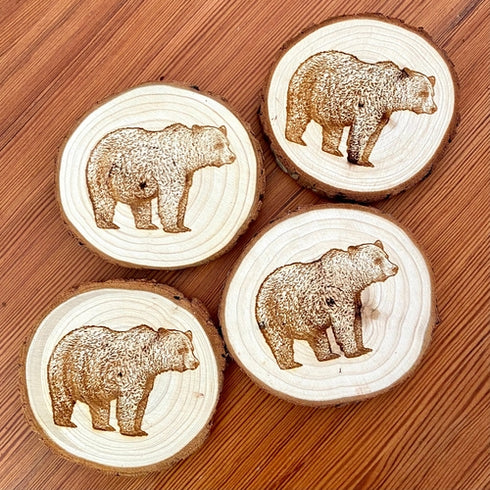 Bear Engraved Wood Coaster Set