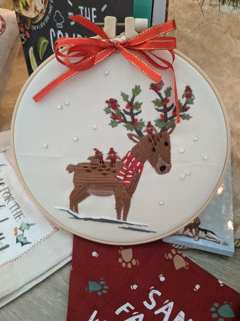 Handmade reindeer embroidered hoop/wall decor