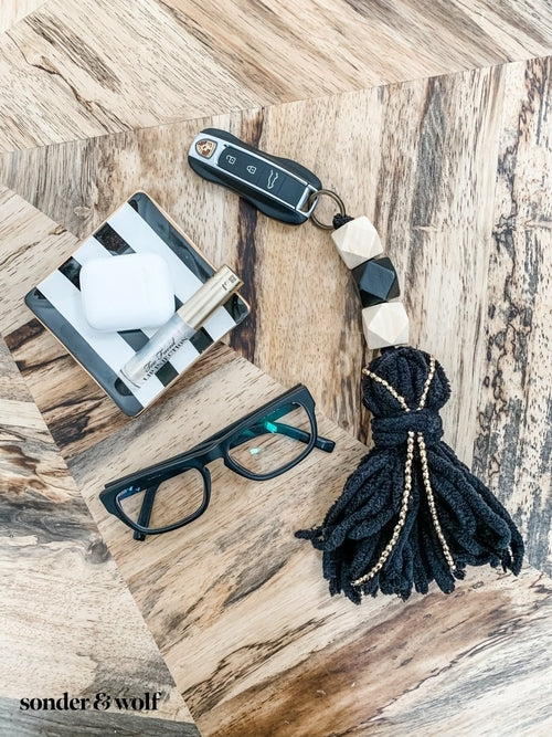 Geometric Keychain with Black Tassels